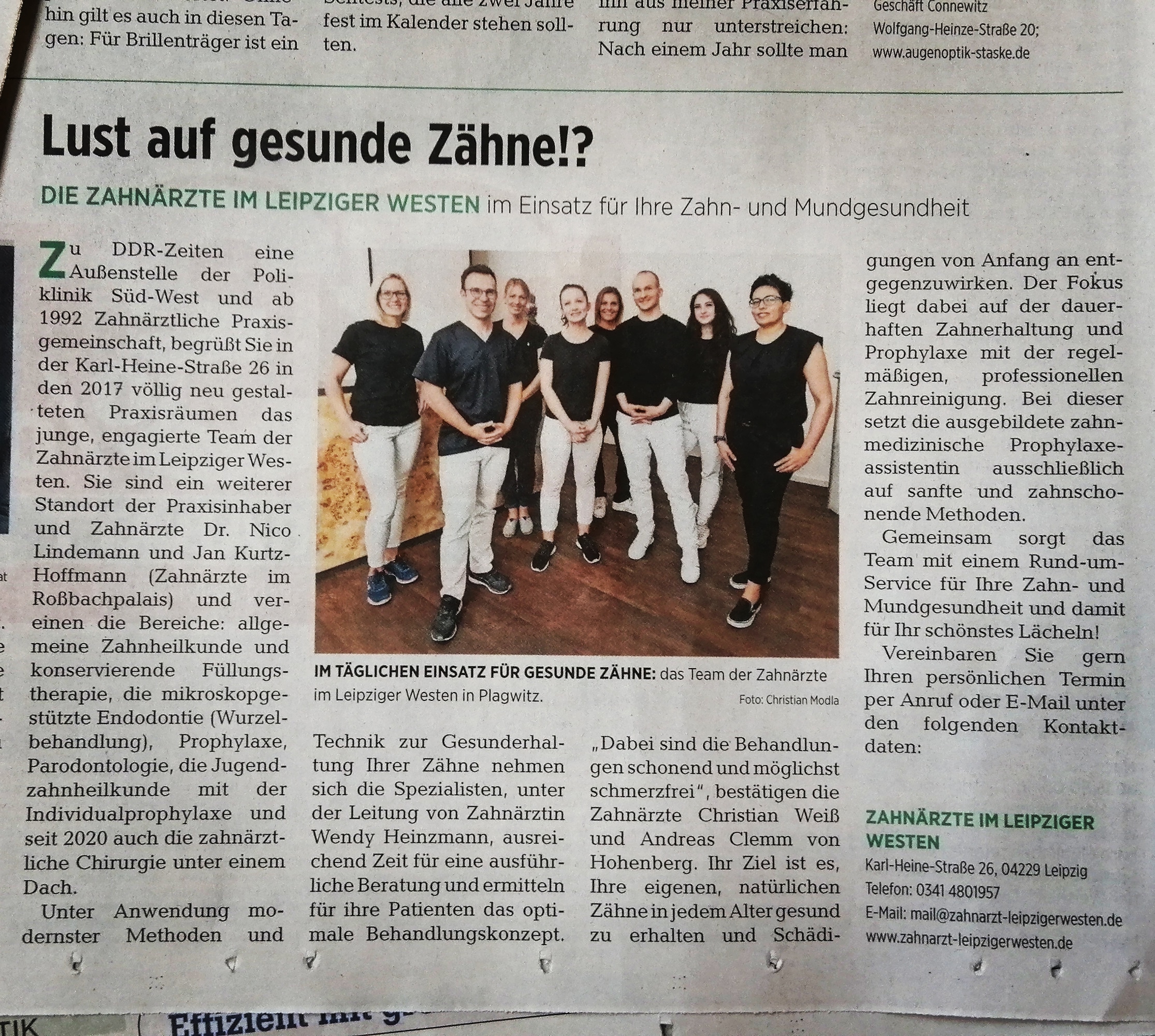 Unser Team der Zahnärzte im Leipziger Westen in der aktuellen „Fit und gesund“ der LVZ